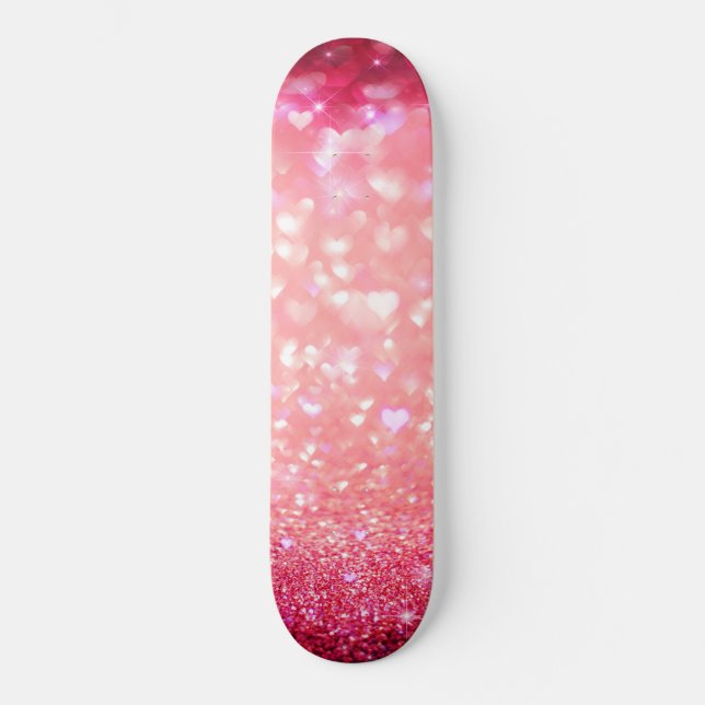 Skateboard Planche à roulettes - Cœurs roses scintillent (Recto)