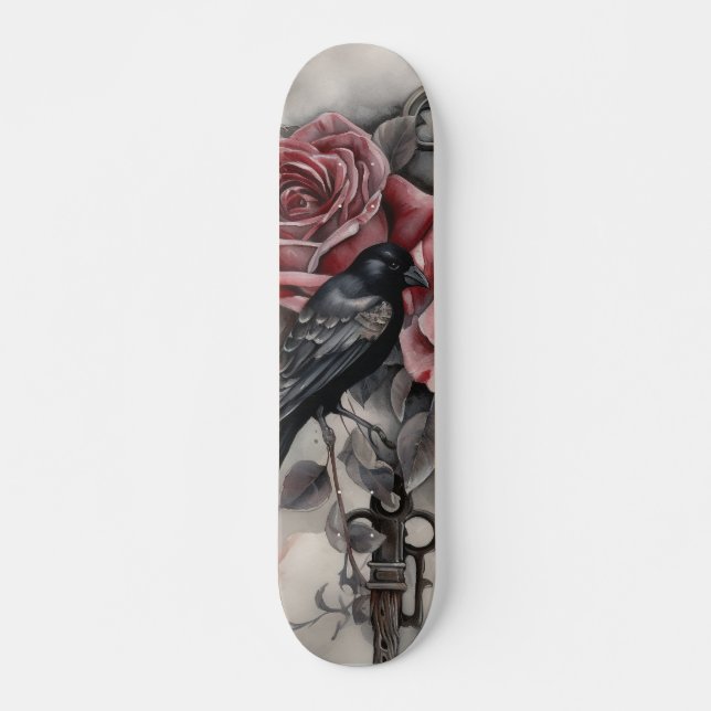 Skateboard Planche à roulettes Corbeau gothique & Roses  (Devant)