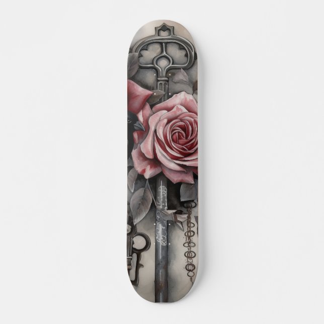 Skateboard Planche à roulettes Corbeau gothique & Roses  (Devant)