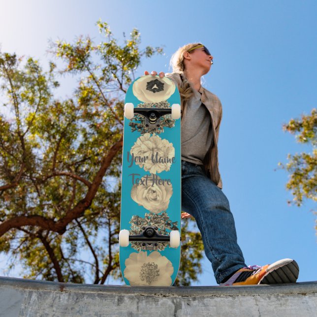 Skateboard Planche à roulettes fleur sépia bleu sarcelle (Extérieur 1)