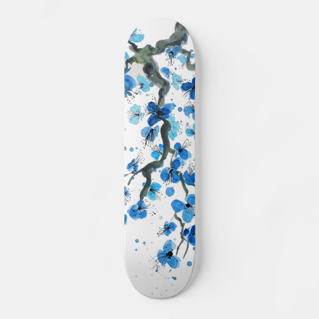 Skateboard Planche à roulettes japonaise bleue de fleurs (Recto)