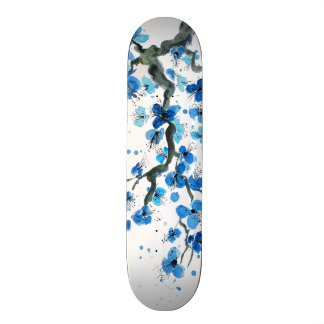 Skateboard Planche à roulettes japonaise bleue de fleurs