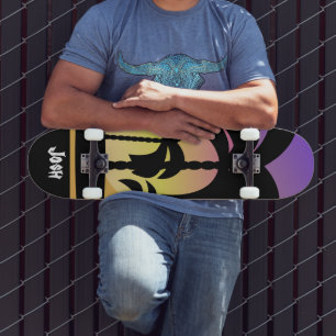 Skateboard Planche à roulettes motif palmiers violet noir