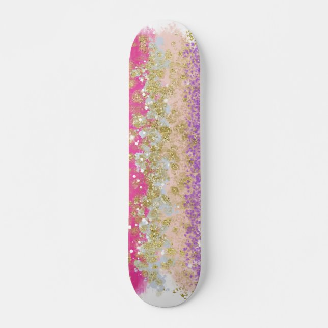 Skateboard Planche à roulettes tachetée or rose et violet (Devant)