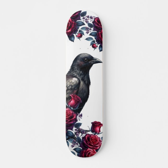 Skateboard Planche de skate Fille Unique Corbeau Noir & Roses (Devant)