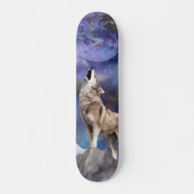 Skateboard Planche de skate Loup Gris Hurlement à la Lune (Devant)
