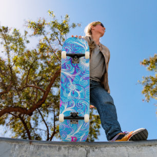 Skateboard Plat à roulettes bleu blanc et rose