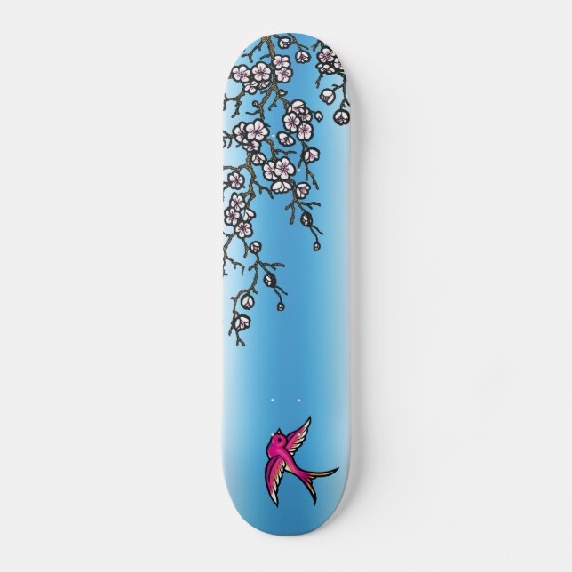 Skateboard Plate-forme rose d'hirondelle et de fleurs de (Recto)