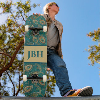 Skateboard Plume de paon Paisley sarcelle or vintage nom