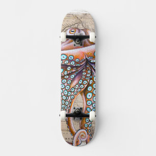 Skateboard Poctopus rose Carte Vintage Kraken Nautique