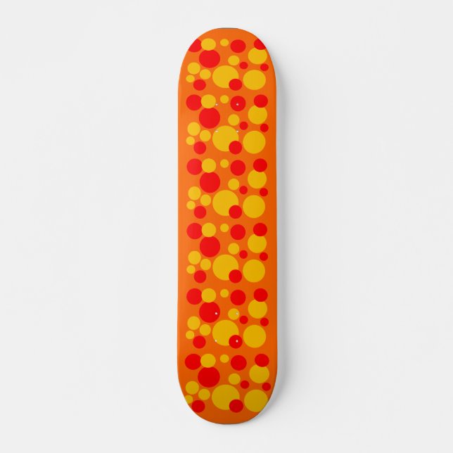 Skateboard Points jaunes et rouges bulles sur orange (Devant)