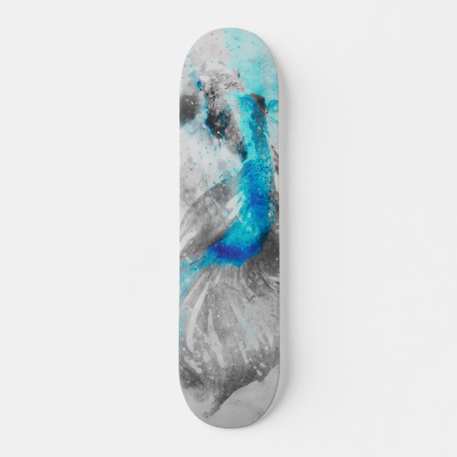 Skateboard Poisson combattant aquarelle bleu gris turquoise  (Devant)