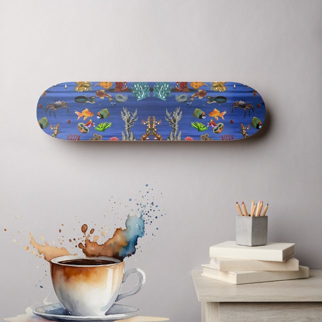 Skateboard Poisson rouge Vie marine océanique Bleu Mer Corail (Goldfish Marine Ocean Life Blue Sea Coral Skateboard)