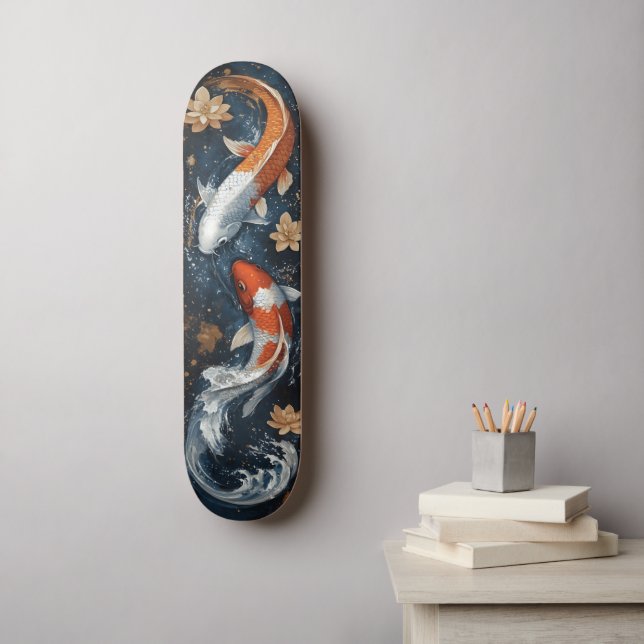 Skateboard Poisson Serene Koi avec fleurs Lotus (Art mural)