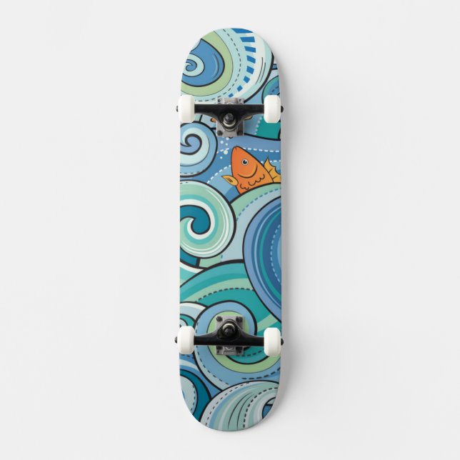 Skateboard Poissons parmi le motif de vagues (Recto)