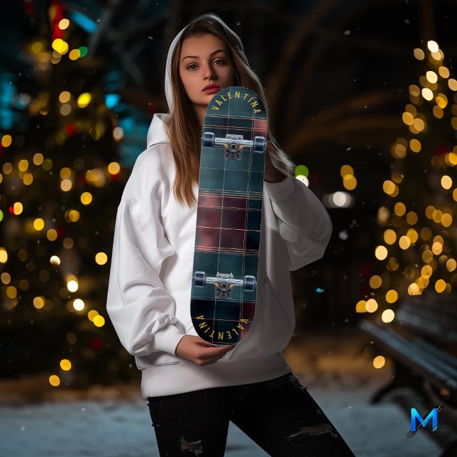 Skateboard Pont de Tartan Turquoise et bordeaux sophistiqué (Créateur téléchargé)