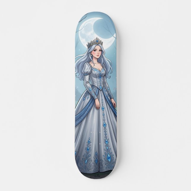 Skateboard Princesse bleu argent dans la forêt (Devant)