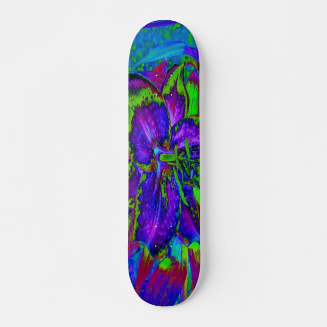 Skateboard Psychedelic Purple and Lime Green Lily Flower (Devant)
