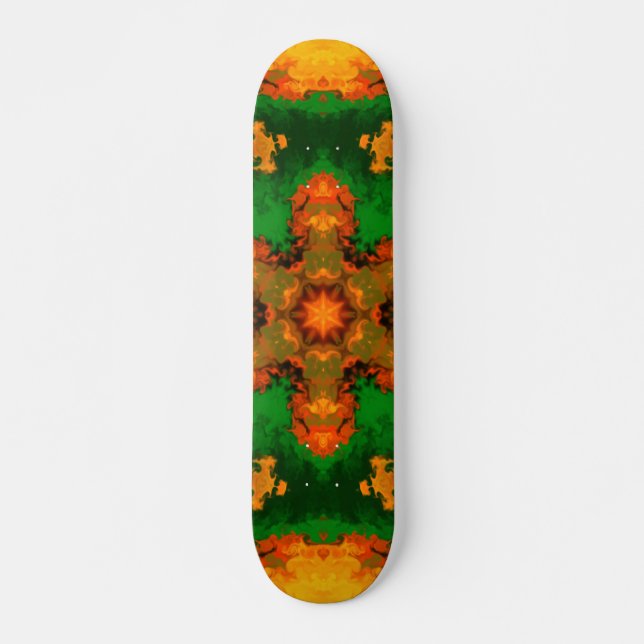 Skateboard Psychédélique Mandala Flower vert orange et jaune (Devant)