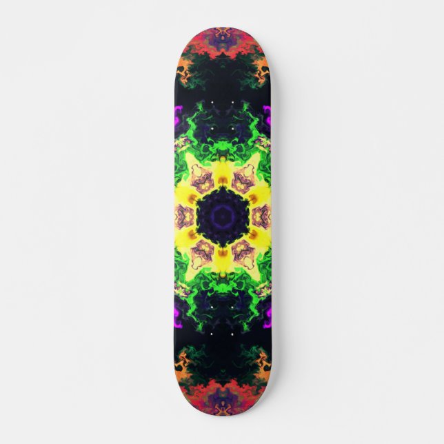 Skateboard Psychédélique Mandala Flower vert violet et jaune (Devant)