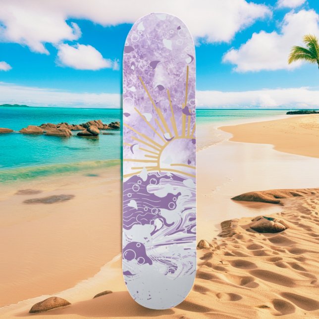 Skateboard Purple Lavender Lilac Gold Sunset Sun & Sea Waves (Créateur téléchargé)