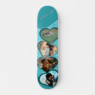 Skateboard Quatre photos et nom cœur bleu eau abstrait 