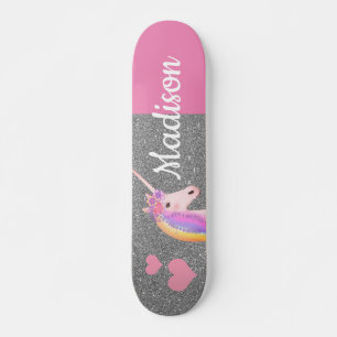Skateboard Rainbow Unicorn rose Parties scintillant d'argent 