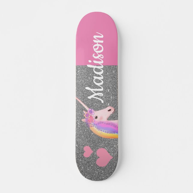 Skateboard Rainbow Unicorn rose Parties scintillant d'argent  (Devant)