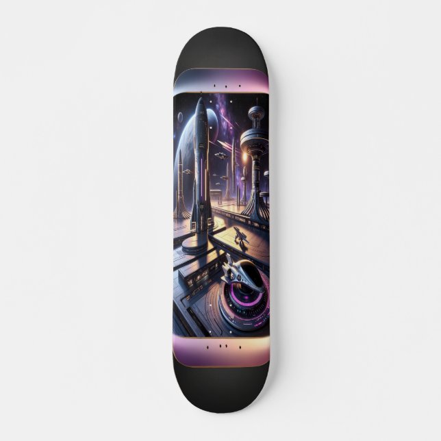 Skateboard "Raygun Gothic Futuristic Cityscape Deck" (Devant)