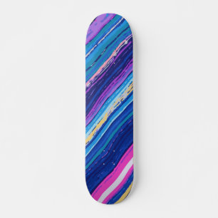 Skateboard Rayures abstraites rose, bleu, jaune et blanc