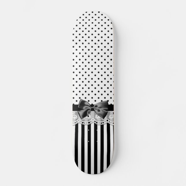 Skateboard Rayures victoriennes noires et blanches avec l'arc (Recto)