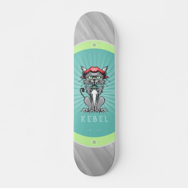 Skateboard Rebel Design Cat Gris, Turquoise & Lime Green Skat (Devant)