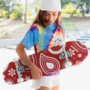 Skateboard Red Paisley Floral Personnalisé Nom
