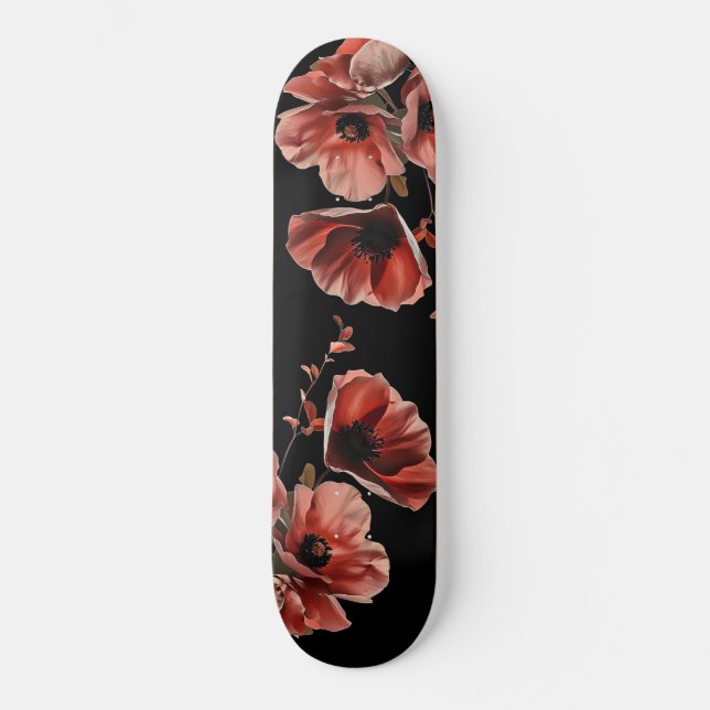 Skateboard Red Poppy Flowers Black (Recto)