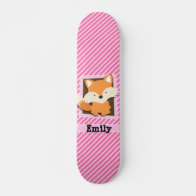 Skateboard Renard mignon sur bandes rose et blanche (Devant)