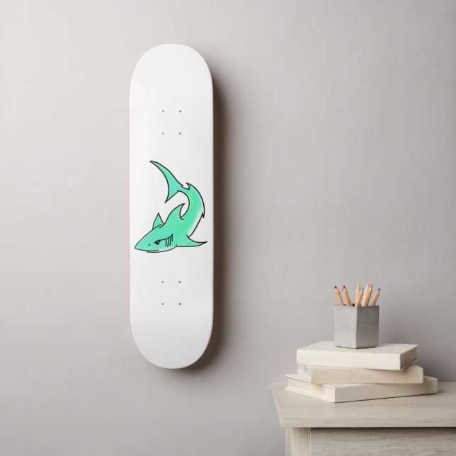 Skateboard requin souriant de dessin animé bleu vert océan an (Art mural)