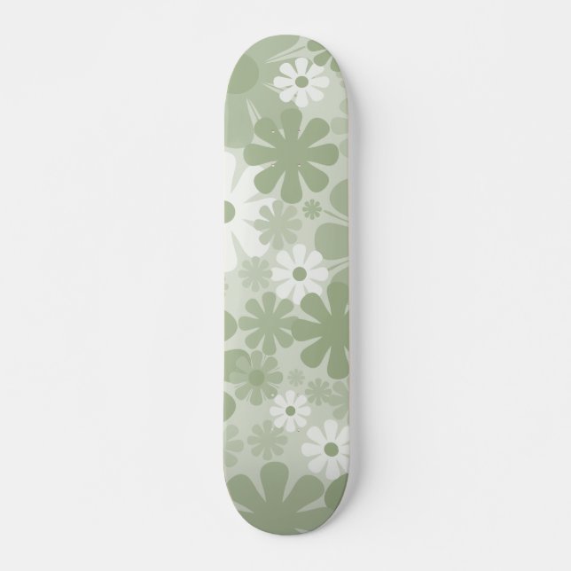 Skateboard Retro 60s 70s Aesthetic Floral Pattern Sage Green (Devant)