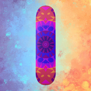 Skateboard Retro Mandala Flower Blue Pink and Orange