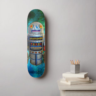 Skateboard Robot en Vintage Retro Blue Green Galaxy Cool mign