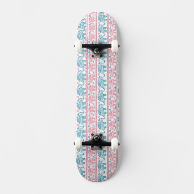 Skateboard Rose et motif ethnique turquoise d'éléphant (Recto)