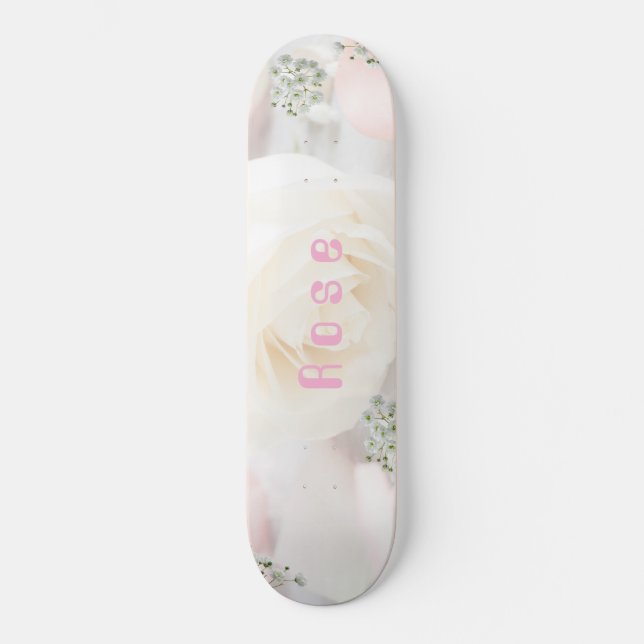 Skateboard Rose Florale Fantaisiste et Blanche (Recto)