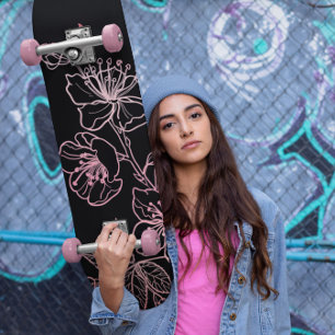 Skateboard Rose Gold Blush Pink Black Floral Line art