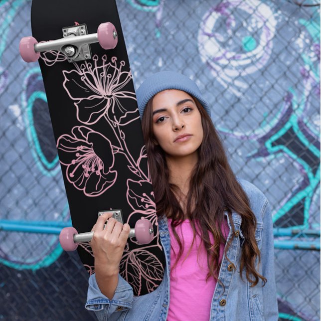 Skateboard Rose Gold Blush rose noir ligne florale Art (Créateur téléchargé)