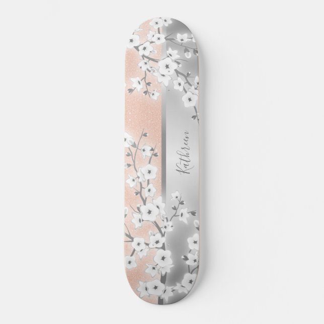 Skateboard Rose Gold Parties scintillant cerise fleurs Monogr (Recto)