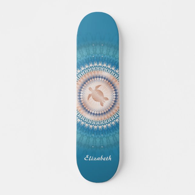 Skateboard Rose Gold Turquoise Turtle Mandala (Devant)