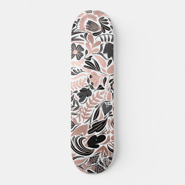Skateboard Rose or noir feuille florale Motif d'illustration (Recto)