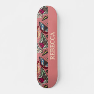 Skateboard Rose poussiéreux avec illustrations Vintages de pa
