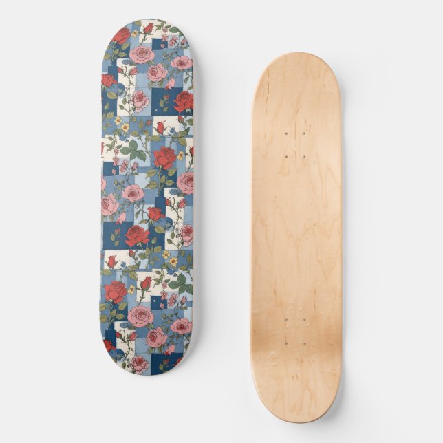 Skateboard Rose Retro Blue Jean Denim Patchwork Floral (Recto)