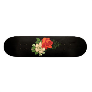 Skateboard Rose rouge et pâquerettes Fond noir