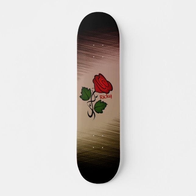Skateboard Rose rouge sur noir avec nom (Devant)